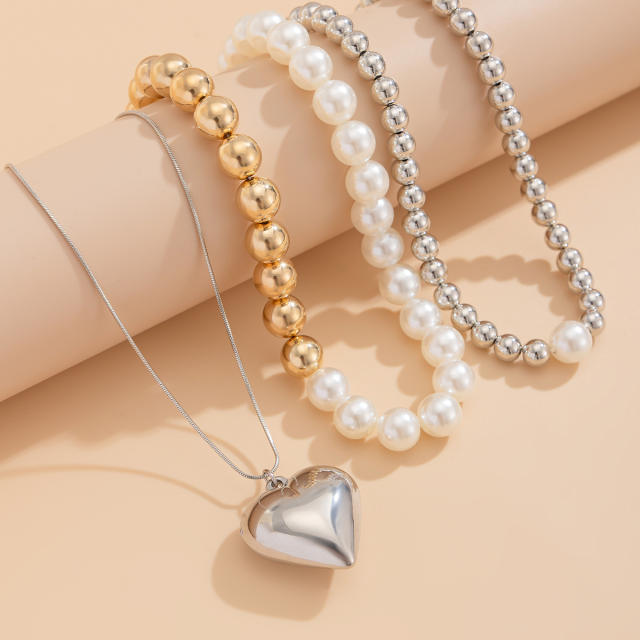 Sweet cool beaded choker heart pendant long necklace set