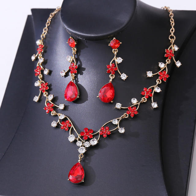 Sweet colorful glass crystal statement flower necklace set wedding necklace set