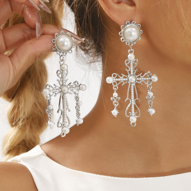 Baroque cross imitation pearl big big earrings