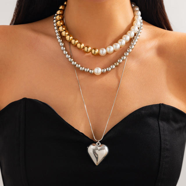 Sweet cool beaded choker heart pendant long necklace set