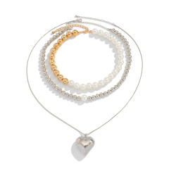 Sweet cool beaded choker heart pendant long necklace set