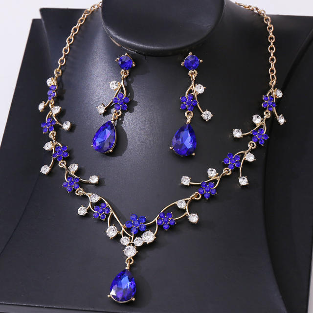 Sweet colorful glass crystal statement flower necklace set wedding necklace set