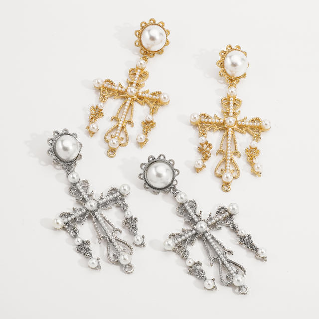 Baroque cross imitation pearl big big earrings