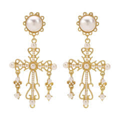 Baroque cross imitation pearl big big earrings