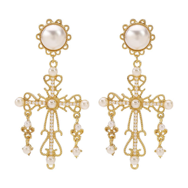 Baroque cross imitation pearl big big earrings