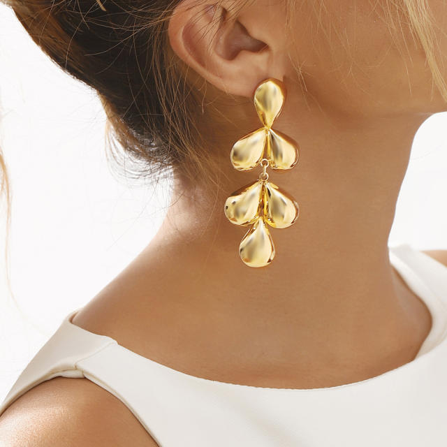 Chunky leaf drop big metal earrings