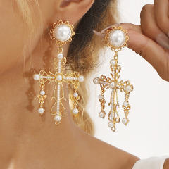 Baroque cross imitation pearl big big earrings