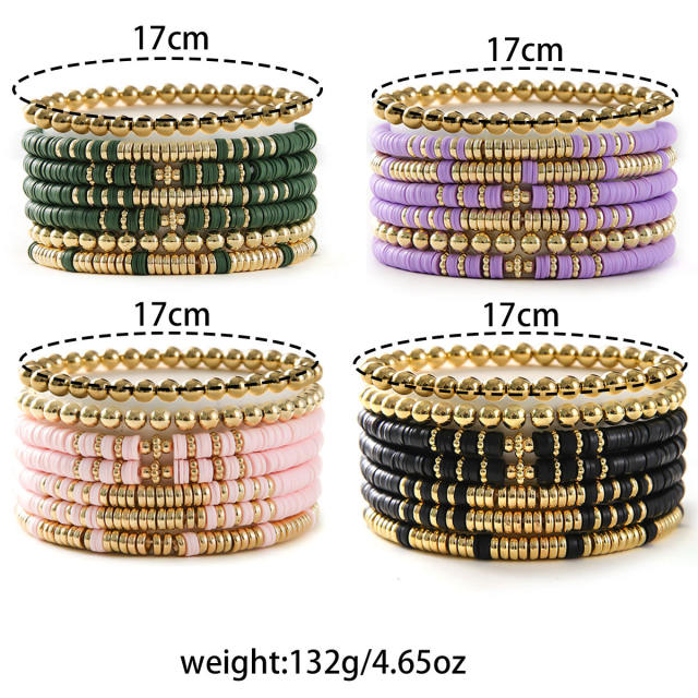 7pcs set colorful clay bead gold bead bracelet set