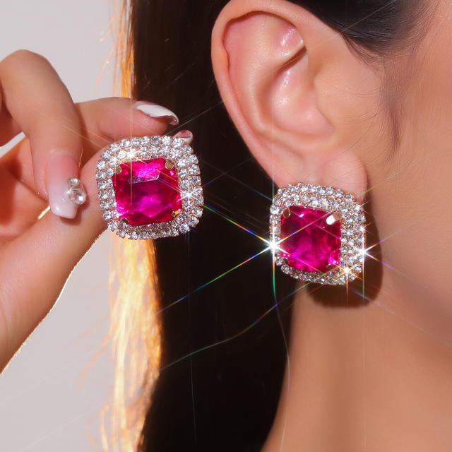 Luxury square shape colorful glass crystal statement diamond earrings