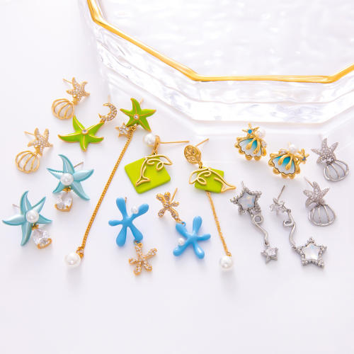 925 needle fresh color enamel starfish shell ocean earrings