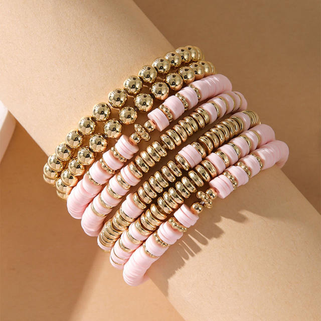 7pcs set colorful clay bead gold bead bracelet set