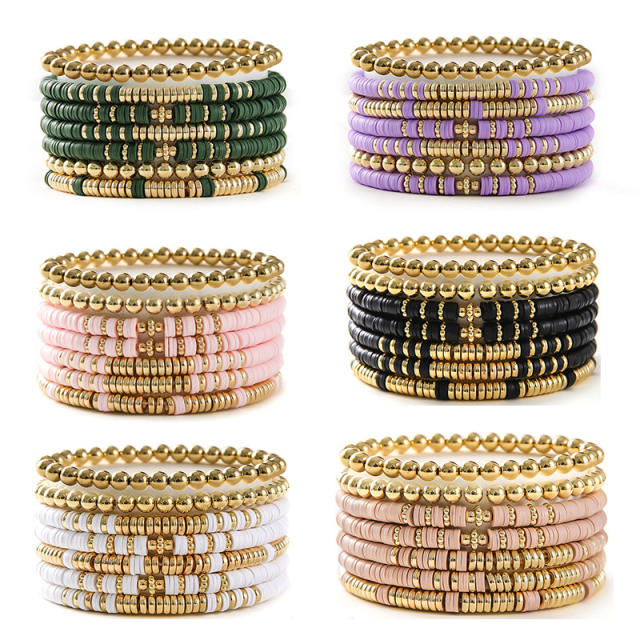 7pcs set colorful clay bead gold bead bracelet set