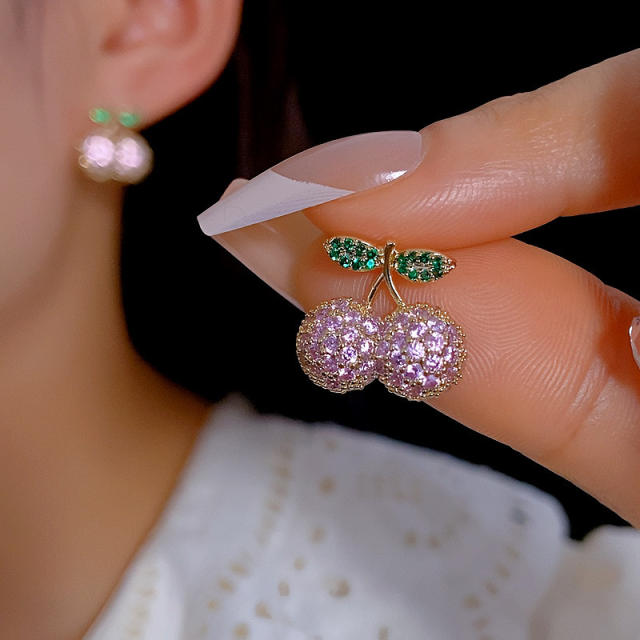 925 needle full diamond cherry sweet studs earrings