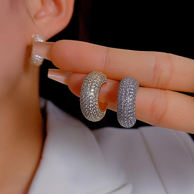 Chunky full diamond open hoop gold plated copper earrings