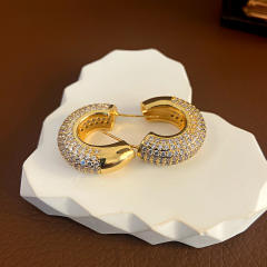 Chunky full diamond open hoop gold plated copper earrings