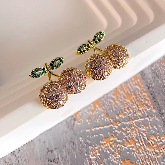 925 needle full diamond cherry sweet studs earrings