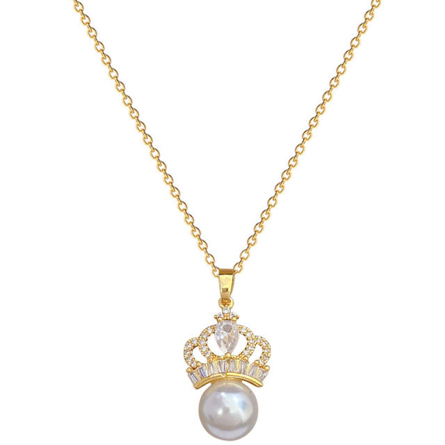 Dainty pearl bead diamond crown pendant stainless steel chain necklace set
