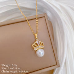 Dainty pearl bead diamond crown pendant stainless steel chain necklace set