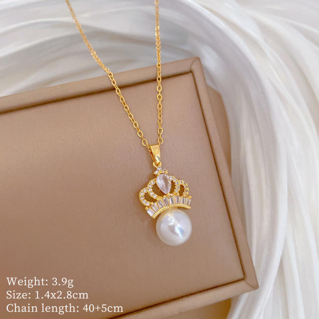 Dainty pearl bead diamond crown pendant stainless steel chain necklace set