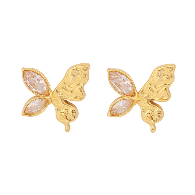 Dainty diamond bow butterfly charm stainless steel necklace earrings set