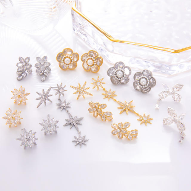 925 needle elegant diamond flower star gold plated copper earrings collection