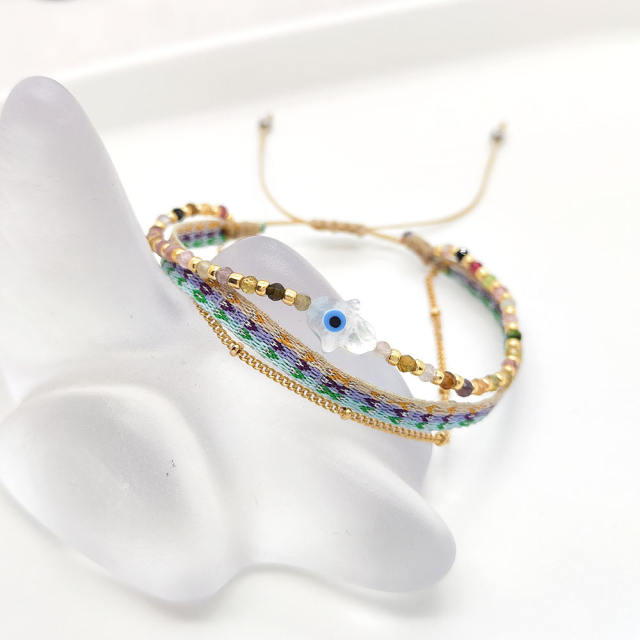 Boho colombia shell hasma hand evil eye three layer bracelet