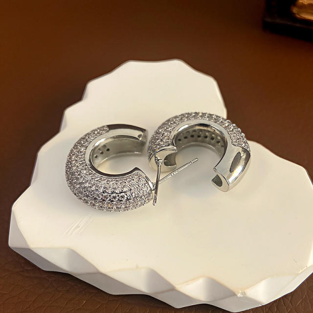 Chunky full diamond open hoop gold plated copper earrings