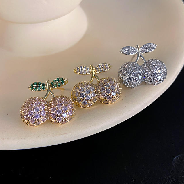 925 needle full diamond cherry sweet studs earrings
