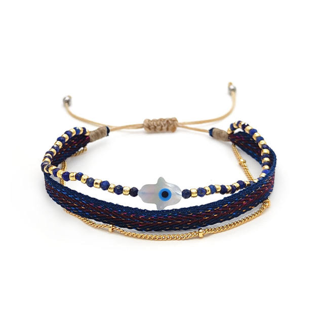 Boho colombia shell hasma hand evil eye three layer bracelet