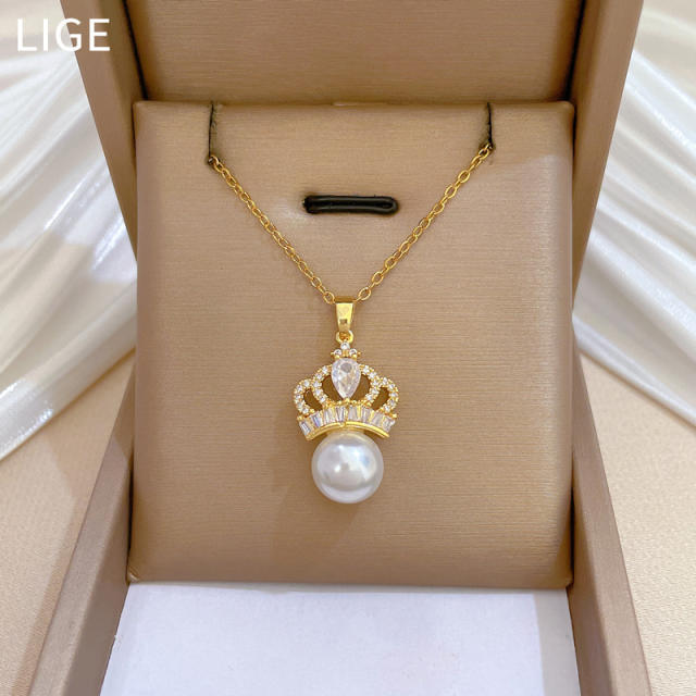 Dainty pearl bead diamond crown pendant stainless steel chain necklace set