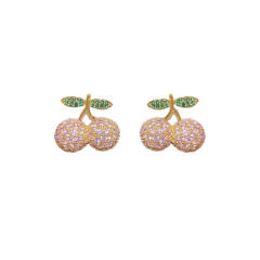 925 needle full diamond cherry sweet studs earrings