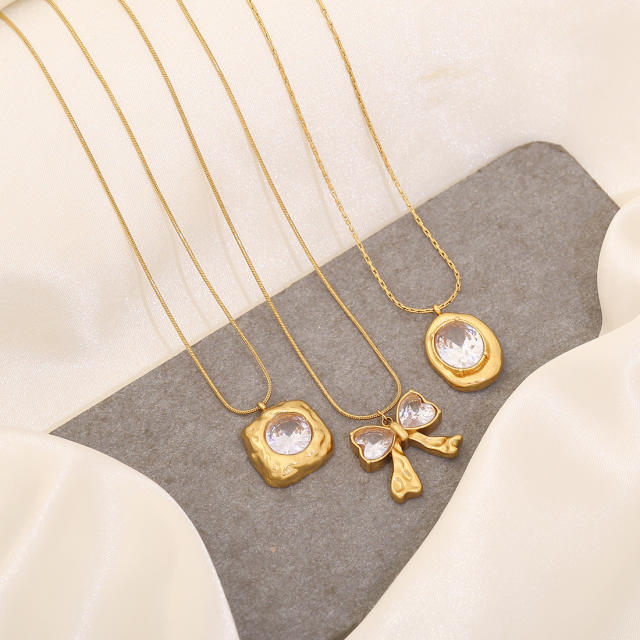 Dainty diamond bow butterfly charm stainless steel necklace earrings set