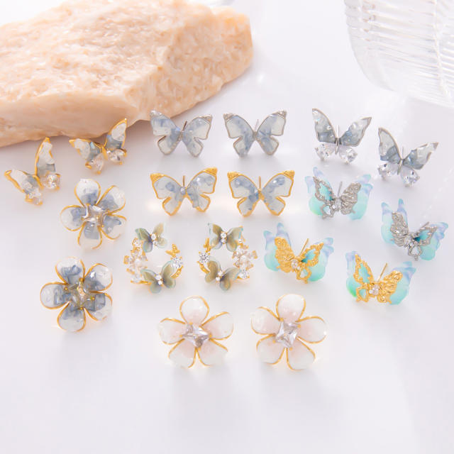 925 needle crystal flower butterfly gold plated copper earrings collection
