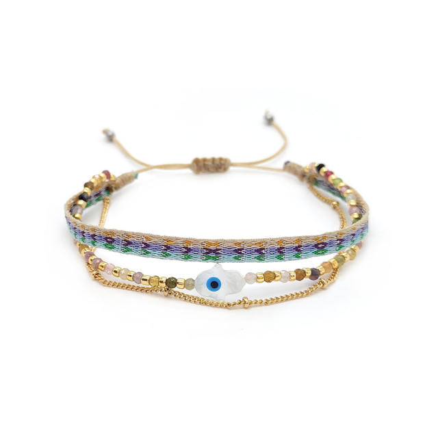 Boho colombia shell hasma hand evil eye three layer bracelet