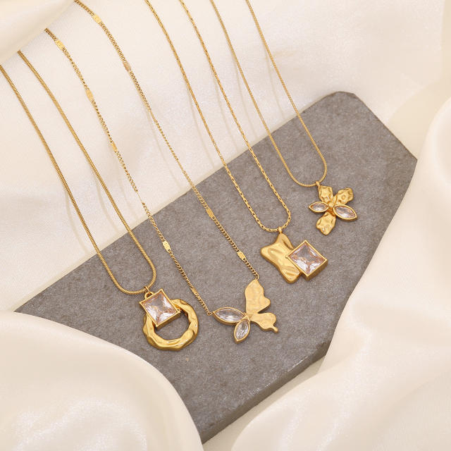 Dainty diamond bow butterfly charm stainless steel necklace earrings set