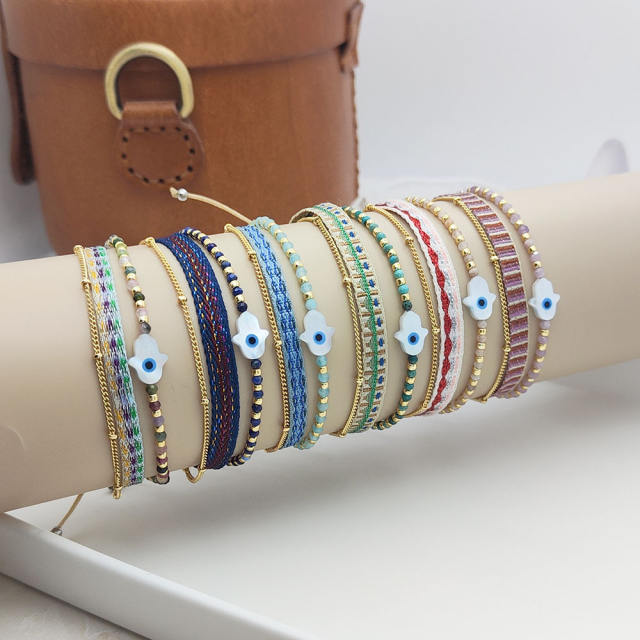 Boho colombia shell hasma hand evil eye three layer bracelet