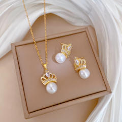 Dainty pearl bead diamond crown pendant stainless steel chain necklace set