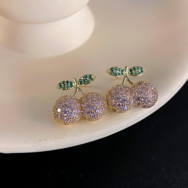 925 needle full diamond cherry sweet studs earrings
