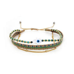 Boho colombia shell hasma hand evil eye three layer bracelet