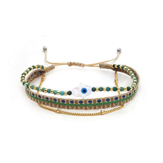 Boho colombia shell hasma hand evil eye three layer bracelet