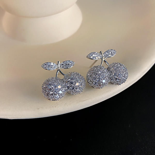 925 needle full diamond cherry sweet studs earrings