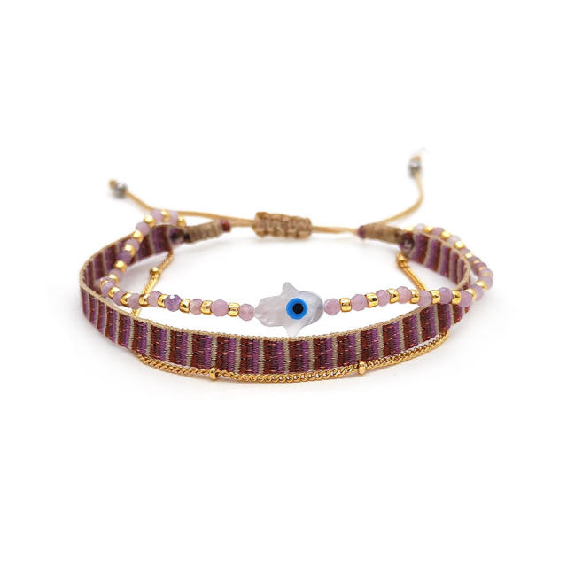 Boho colombia shell hasma hand evil eye three layer bracelet