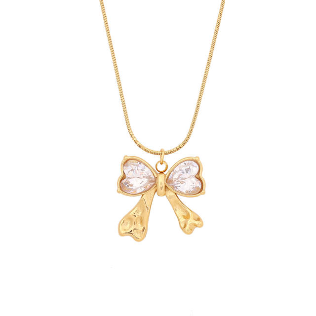 Dainty diamond bow butterfly charm stainless steel necklace earrings set