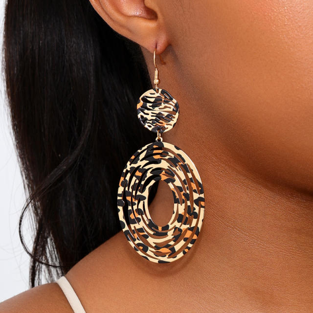 Exaggerated metal geometric leopard print round long tassel earrings