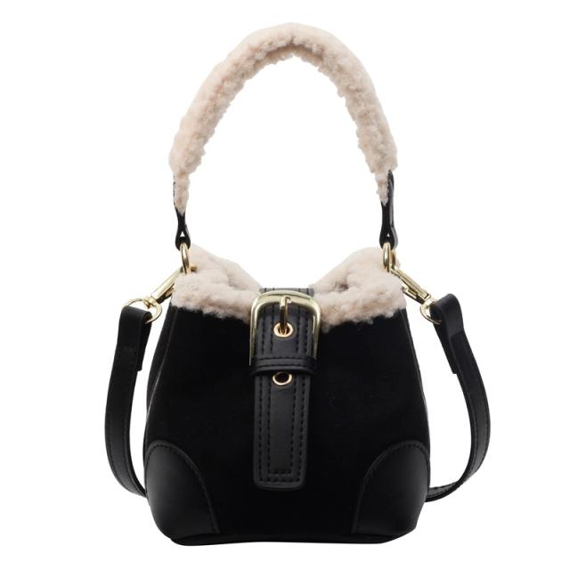 Lamb wool mini bucket bag Maillard suede vintage handbag