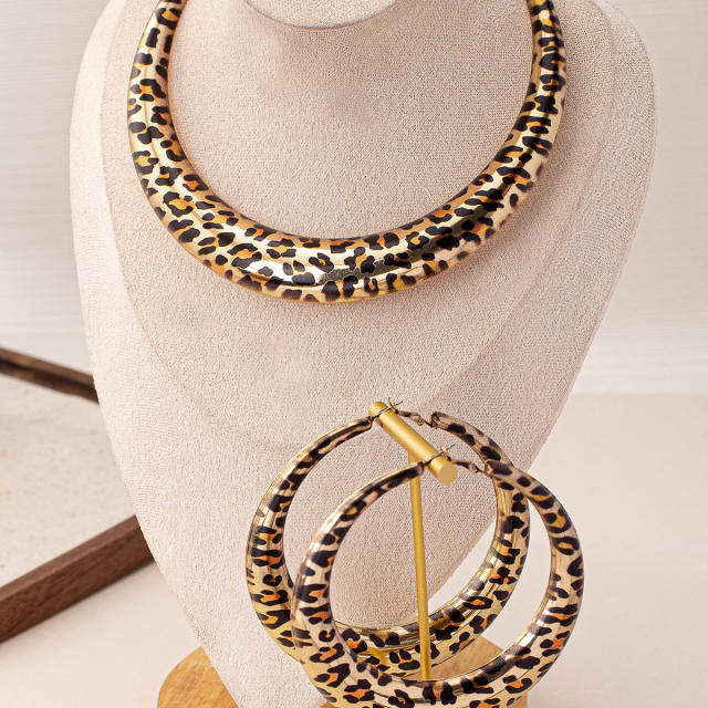 Exaggerated Geometric Leopard Maillard Women's Earrings Necklace Set suit