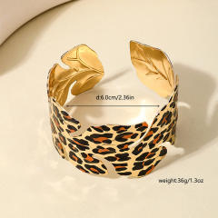Exaggerated metal wide  leopard leaf opening bangle