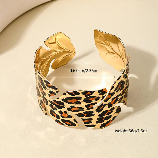 Exaggerated metal wide  leopard leaf opening bangle
