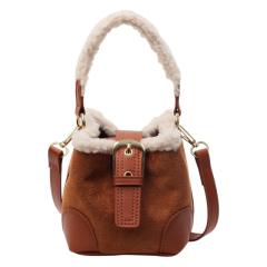 Lamb wool mini bucket bag Maillard suede vintage handbag