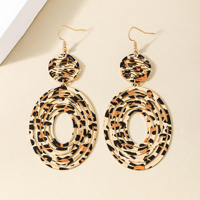Exaggerated metal geometric leopard print round long tassel earrings